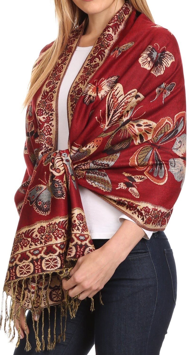 Sakkas Liua Long Wide Woven Patterned Design Multi Colored Pashmina Shawl/Scarf - Red - OS - Image 3